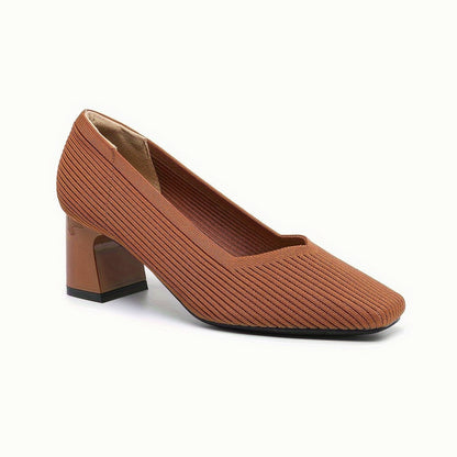 Comfortable Tan Knit Heels for Women with Block Heel Pointed Toe Office Style
