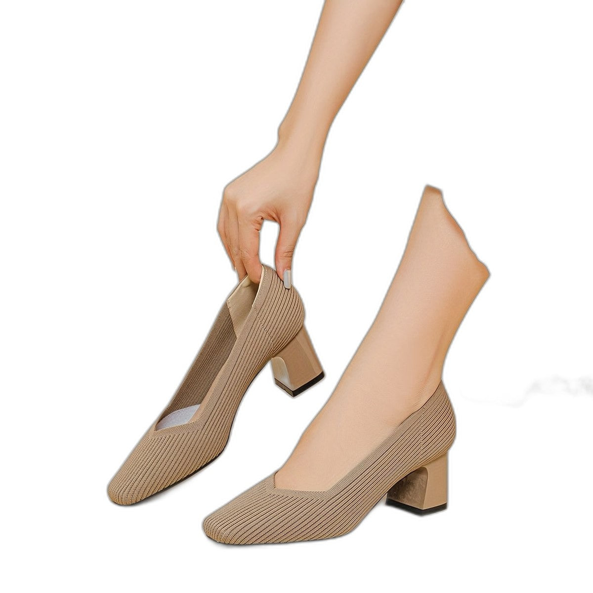 Comfortable Tan Knit Heels for Women with Block Heel Pointed Toe Office Style