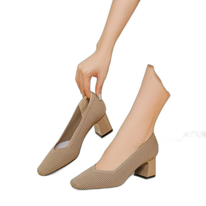 Comfortable Tan Knit Heels for Women with Block Heel Pointed Toe Office Style