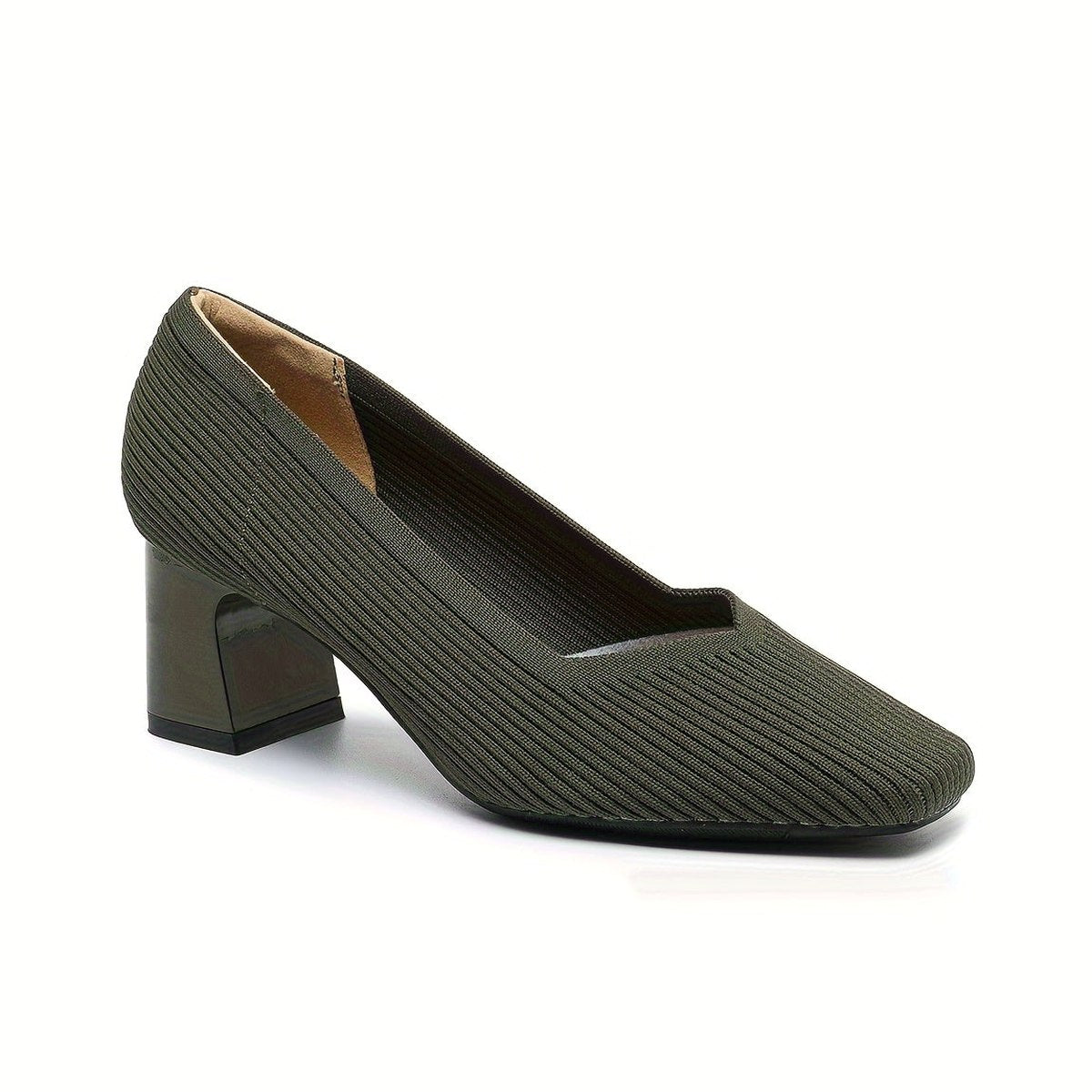 Comfortable Tan Knit Heels for Women with Block Heel Pointed Toe Office Style