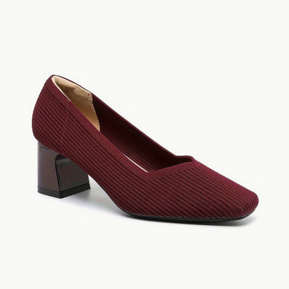 Comfortable Tan Knit Heels for Women with Block Heel Pointed Toe Office Style