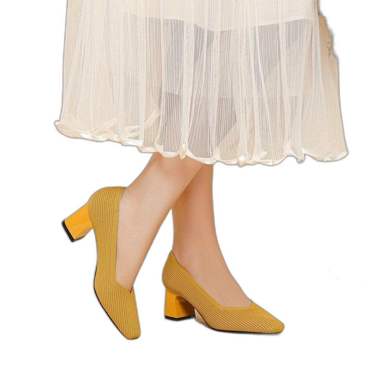 Comfortable Tan Knit Heels for Women with Block Heel Pointed Toe Office Style