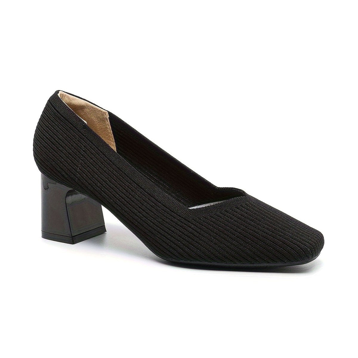Comfortable Tan Knit Heels for Women with Block Heel Pointed Toe Office Style