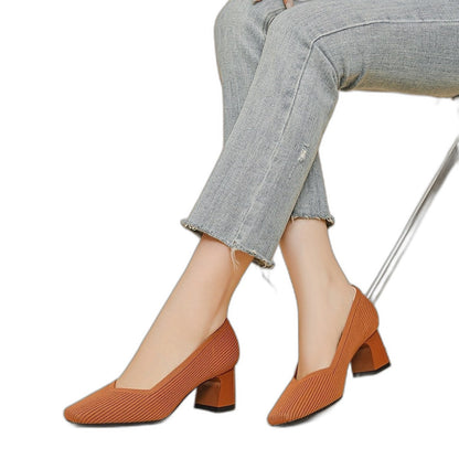 Comfortable Tan Knit Heels for Women with Block Heel Pointed Toe Office Style