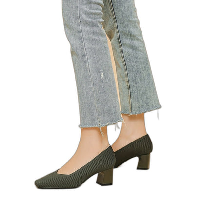 Comfortable Tan Knit Heels for Women with Block Heel Pointed Toe Office Style