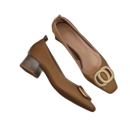 Comfortable Tan Leather Flats for Women with Block Heel Pointed Toe Casual Style