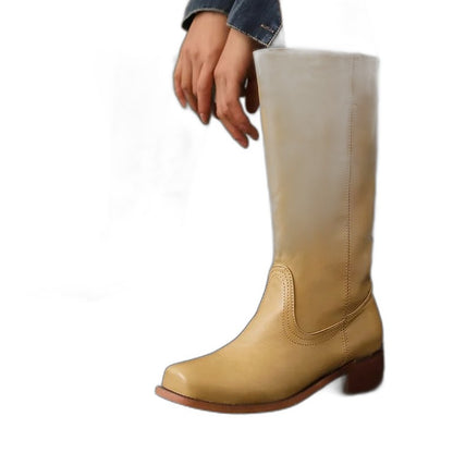 Comfortable Tan Leather Knee High Boots for Women with Block Heel Closed Toe Casual Style