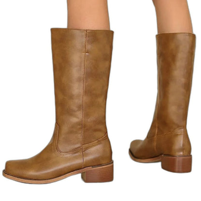 Comfortable Tan Leather Knee High Boots for Women with Block Heel Closed Toe Casual Style