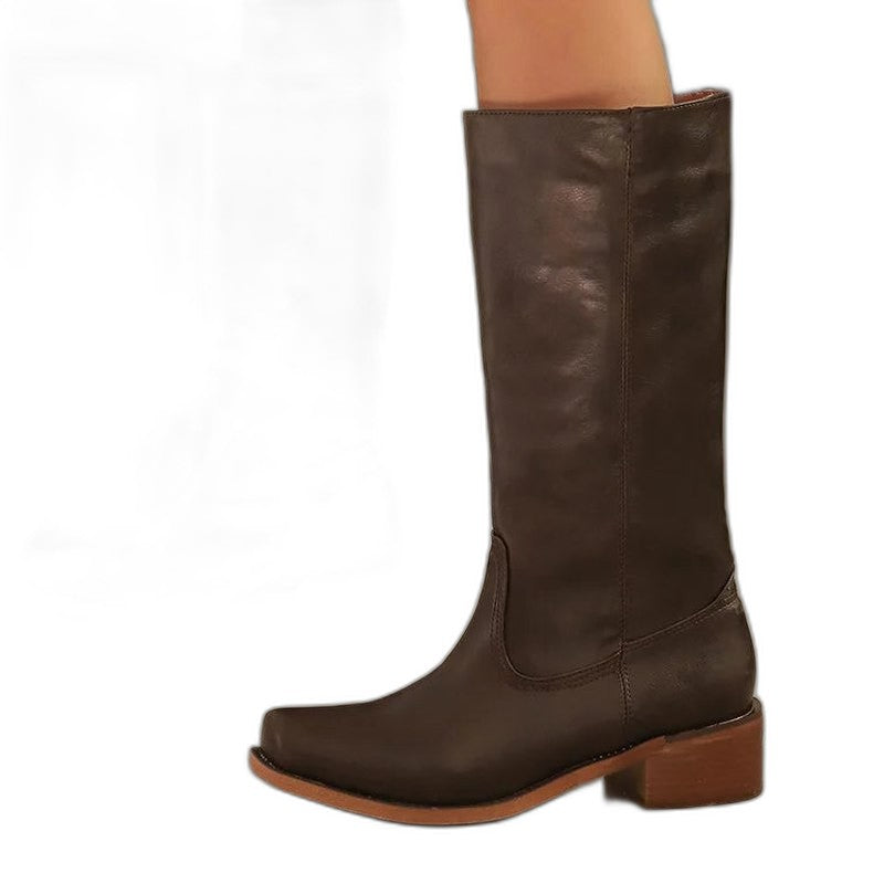 Comfortable Tan Leather Knee High Boots for Women with Block Heel Closed Toe Casual Style