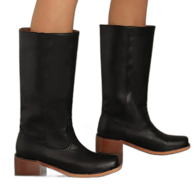 Comfortable Tan Leather Knee High Boots for Women with Block Heel Closed Toe Casual Style