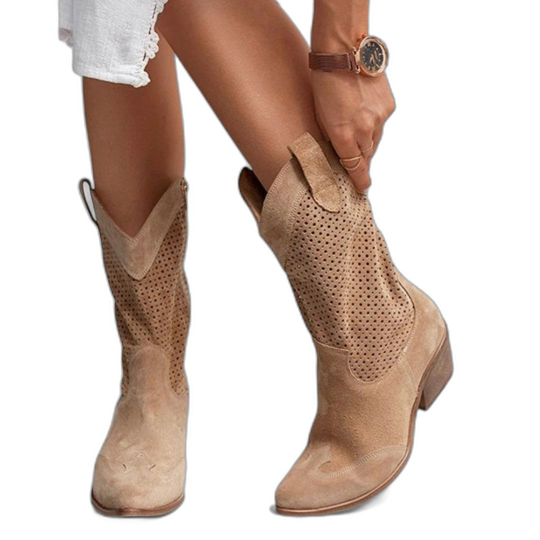 Comfortable Tan Suede Ankle Boots for Women with Block Heel Pointed Toe Casual Style