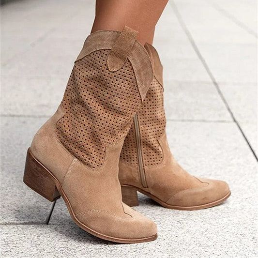 Comfortable Tan Suede Ankle Boots for Women with Closed Toe Block Heel Pointed Casual Style