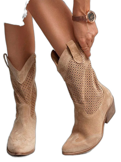 Comfortable Tan Suede Ankle Boots for Women with Closed Toe Block Heel Pointed Casual Style