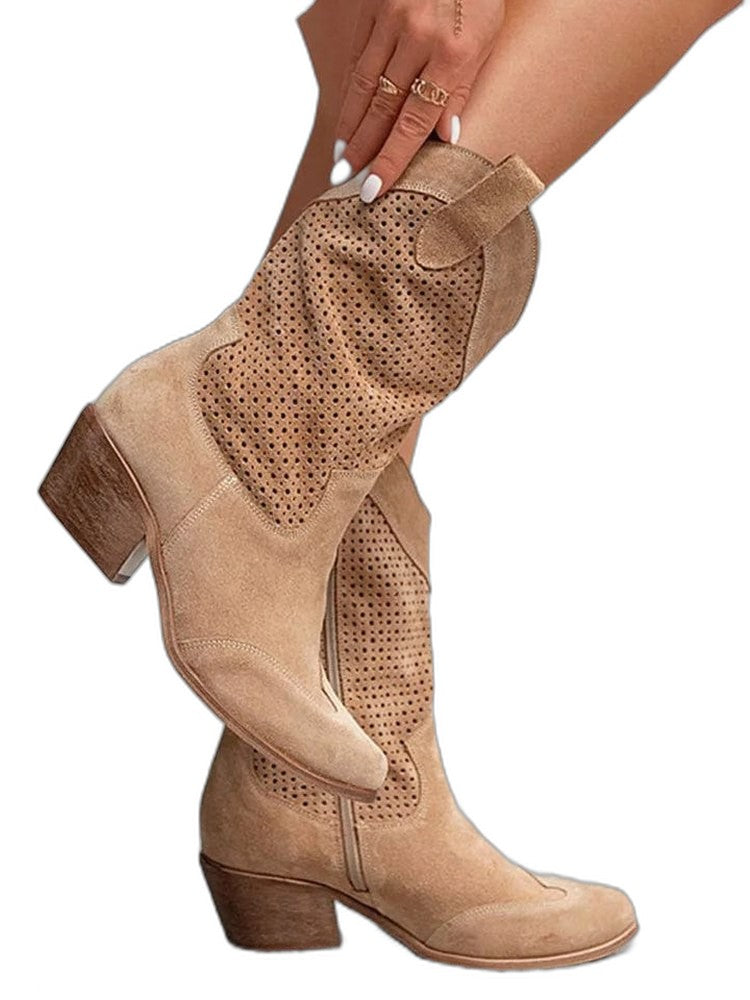 Comfortable Tan Suede Ankle Boots for Women with Closed Toe Block Heel Pointed Casual Style