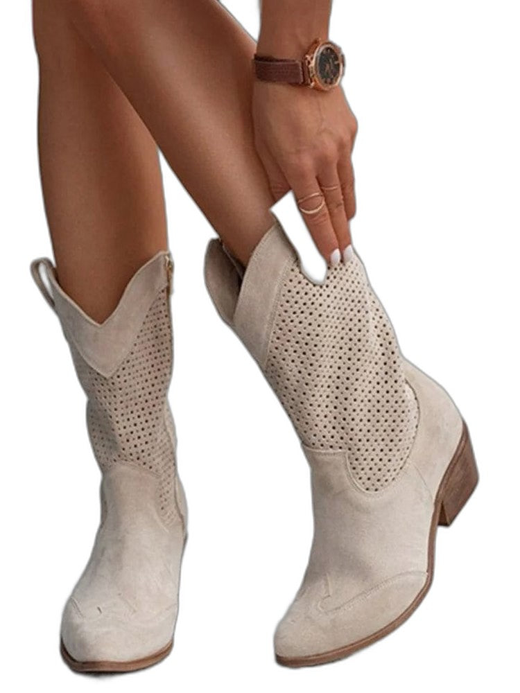 Comfortable Tan Suede Ankle Boots for Women with Closed Toe Block Heel Pointed Casual Style
