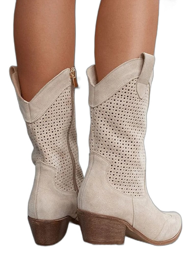 Comfortable Tan Suede Ankle Boots for Women with Closed Toe Block Heel Pointed Casual Style
