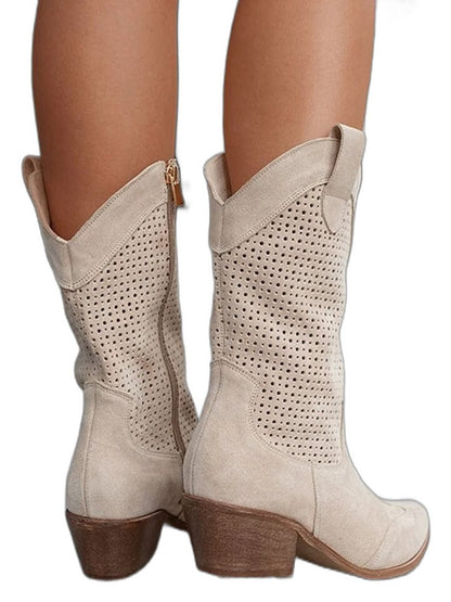 Comfortable Tan Suede Ankle Boots for Women with Closed Toe Block Heel Pointed Casual Style