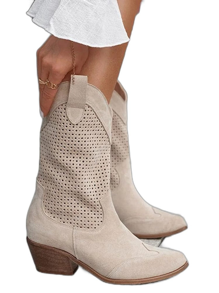 Comfortable Tan Suede Ankle Boots for Women with Closed Toe Block Heel Pointed Casual Style