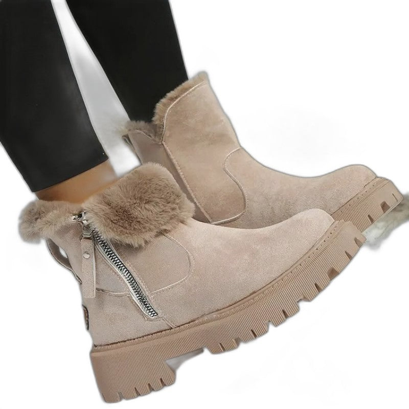 Comfortable Tan Suede Ankle Boots for Women with Platform Closed Toe Fur Lined Casual Style