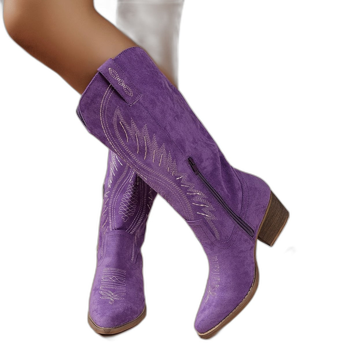 Comfortable Tan Suede Boots for Women with Block Heel Pointed Toe Casual Style