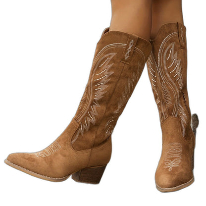 Comfortable Tan Suede Boots for Women with Block Heel Pointed Toe Casual Style