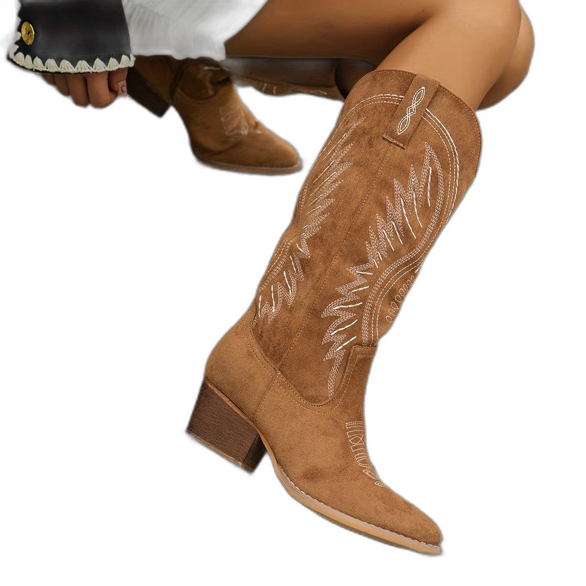 Comfortable Tan Suede Boots for Women with Block Heel Pointed Toe Casual Style