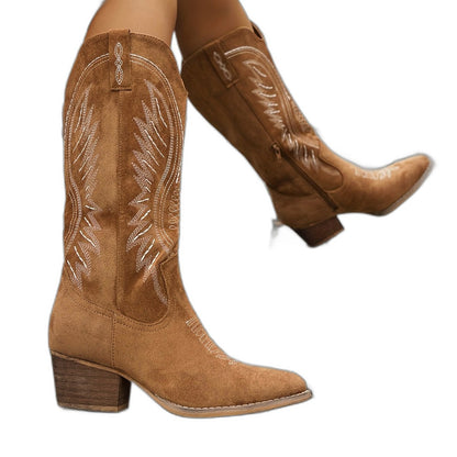 Comfortable Tan Suede Boots for Women with Block Heel Pointed Toe Casual Style