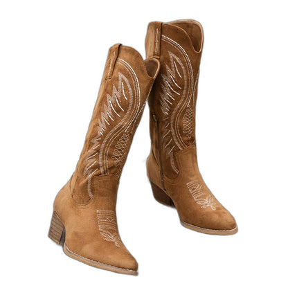 Comfortable Tan Suede Boots for Women with Block Heel Pointed Toe Casual Style