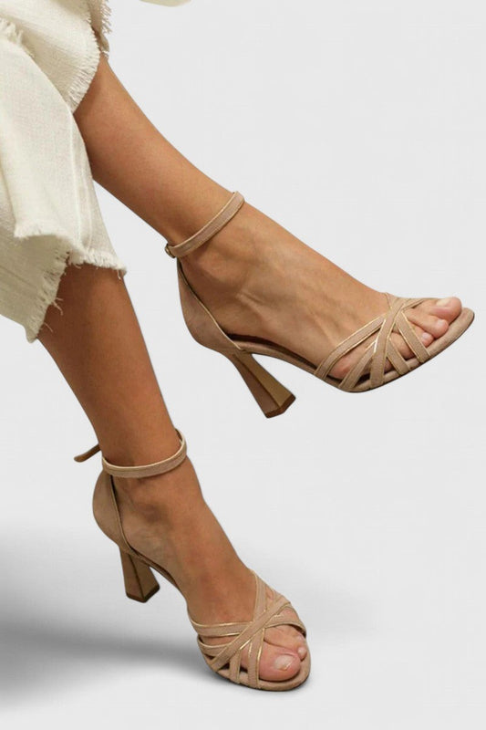 Comfortable Tan Suede Heels for Women with Block Heel Ankle Strap Open Toe Party Style
