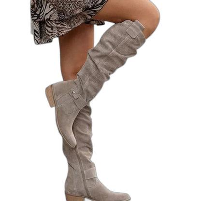 Comfortable Tan Suede Knee High Boots for Women with Closed Toe Casual Style