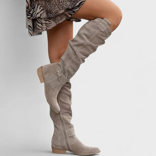 Comfortable Tan Suede Knee High Boots for Women with Closed Toe Casual Style