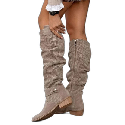 Comfortable Tan Suede Knee High Boots for Women with Closed Toe Casual Style