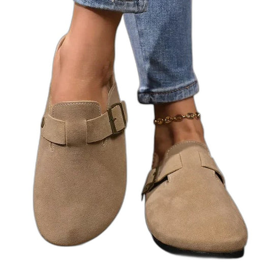 Comfortable Tan Suede Mules for Women with Closed Toe Buckle Casual Style