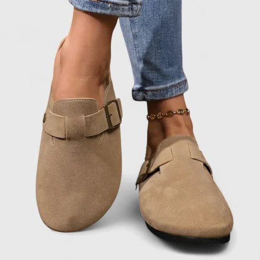 Comfortable Tan Suede Mules for Women with Closed Toe Buckle Casual Style