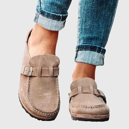Comfortable Tan Suede Mules for Women with Closed Toe Buckle Casual Style