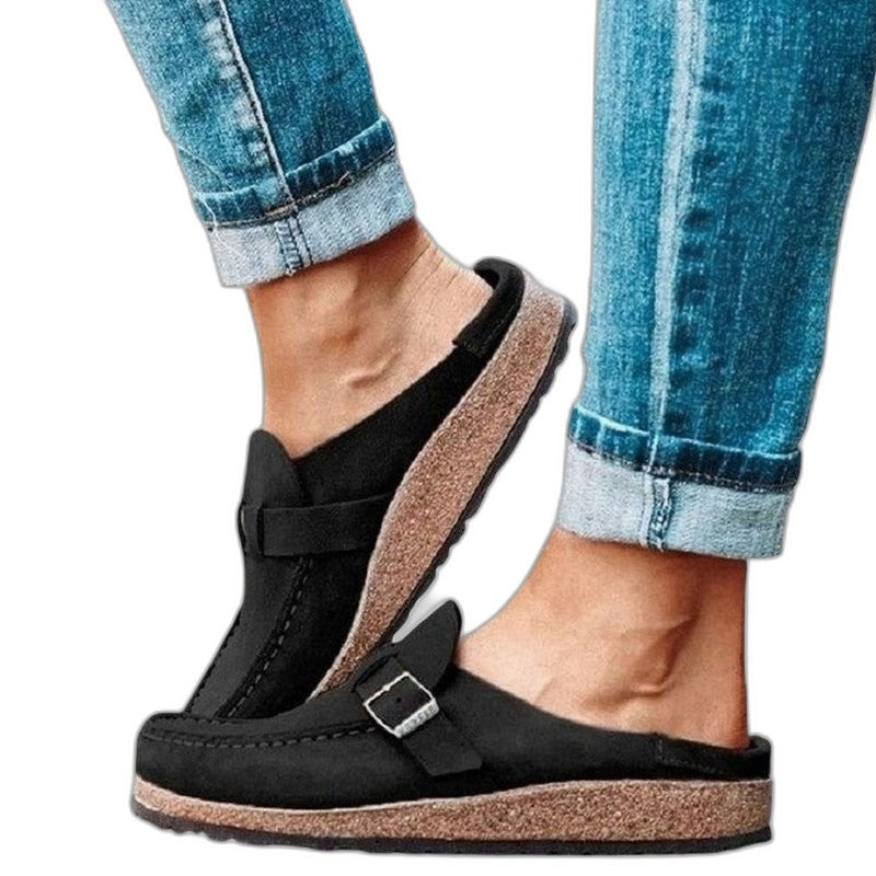 Comfortable Tan Suede Mules for Women with Closed Toe Buckle Casual Style