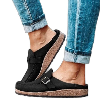 Comfortable Tan Suede Mules for Women with Closed Toe Buckle Casual Style