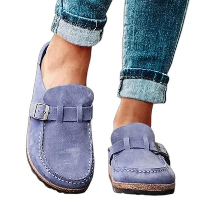 Comfortable Tan Suede Mules for Women with Closed Toe Buckle Casual Style