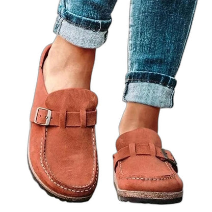 Comfortable Tan Suede Mules for Women with Closed Toe Buckle Casual Style