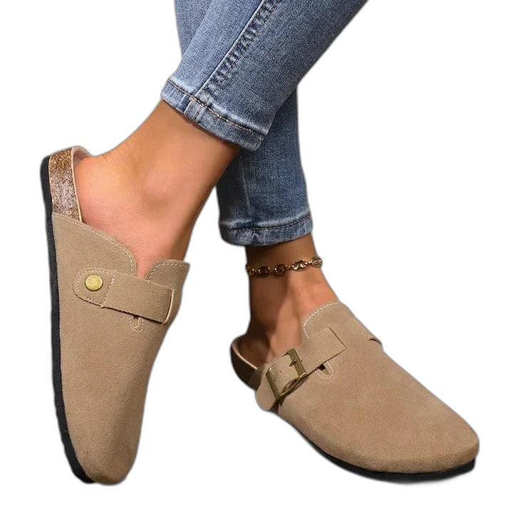 Comfortable Tan Suede Mules for Women with Closed Toe Buckle Casual Style