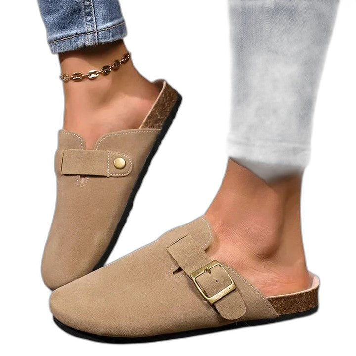 Comfortable Tan Suede Mules for Women with Closed Toe Buckle Casual Style