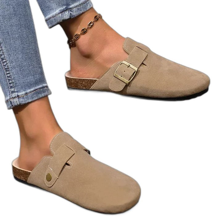 Comfortable Tan Suede Mules for Women with Closed Toe Buckle Casual Style