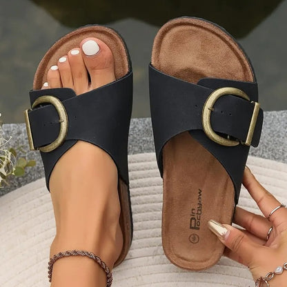 Comfortable Tan Suede Sandals for Women with Open Toe Buckle Casual Style