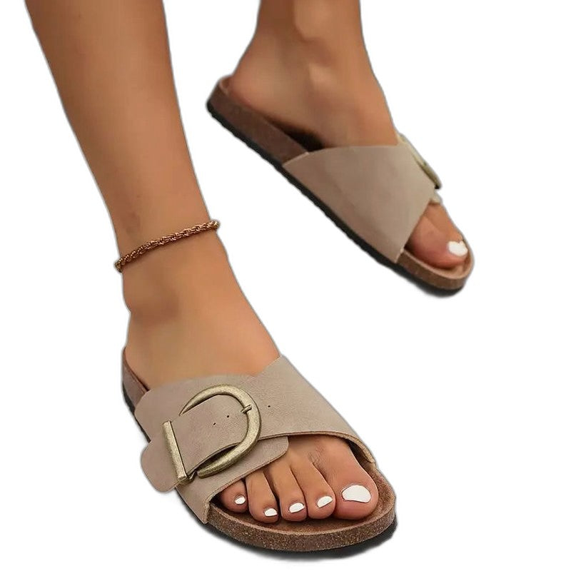 Comfortable Tan Suede Sandals for Women with Open Toe Buckle Casual Style