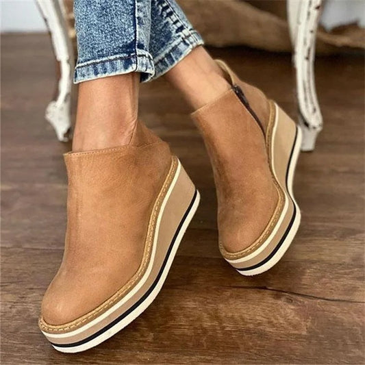 Comfortable Tan Suede Wedge Sandals for Women with Platform Closed Toe Casual Style