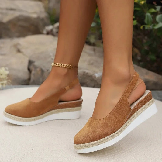 Comfortable Tan Suede Wedge Sandals for Women with Platform Slingback Closed Toe Casual Style