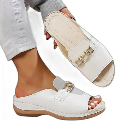 Comfortable White Leather Mules for Women with Platform Open Toe Buckle Casual Style