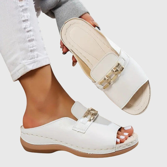 Comfortable White Leather Mules for Women with Platform Open Toe Buckle Casual Style