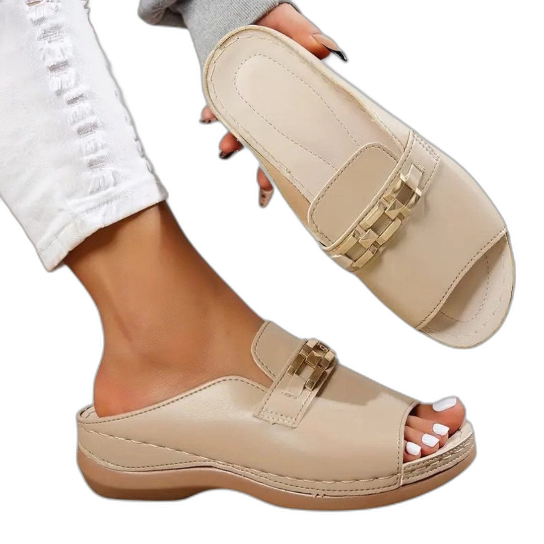 Comfortable White Leather Mules for Women with Platform Open Toe Buckle Casual Style