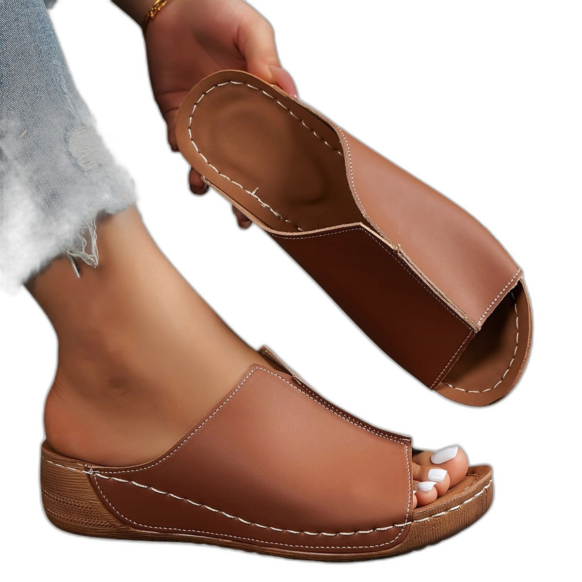 Comfortable White Leather Mules for Women with Platform Open Toe Casual Style